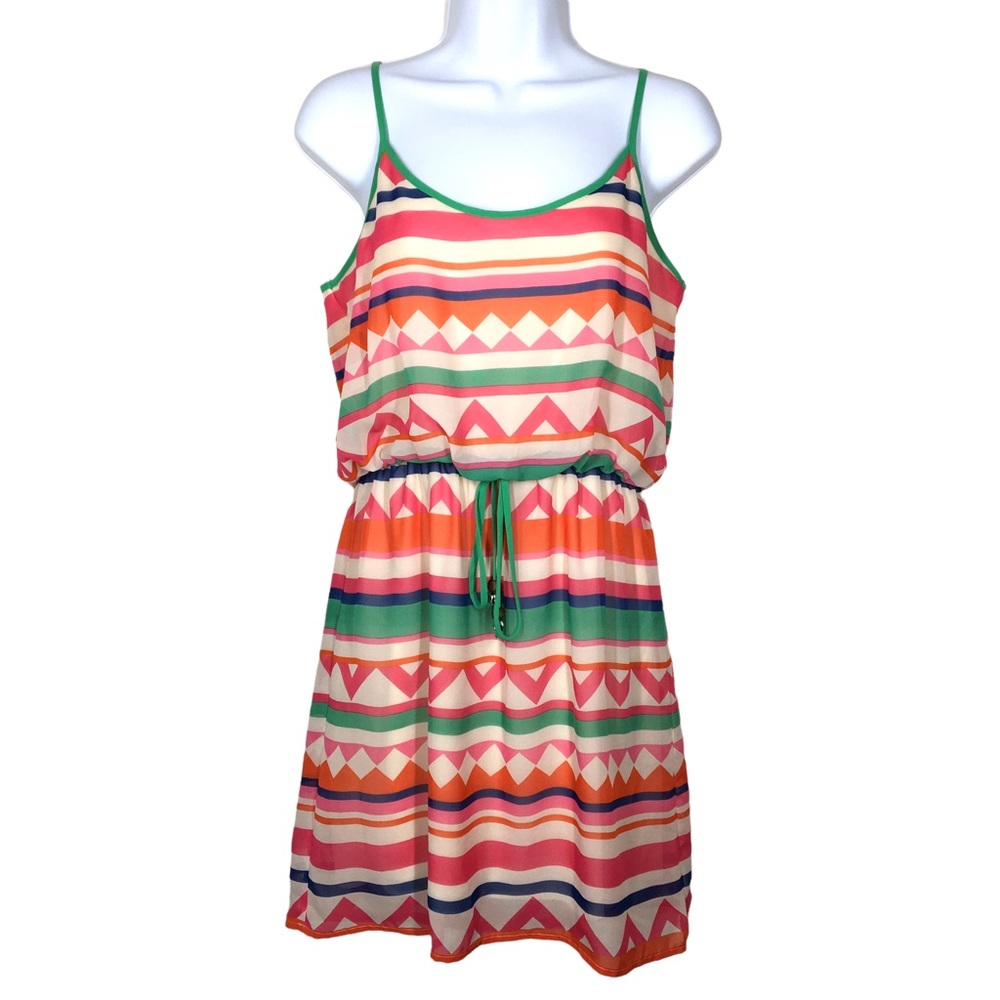 City Triangles | Strappy Neon Geometric Stripe Blouson Dress